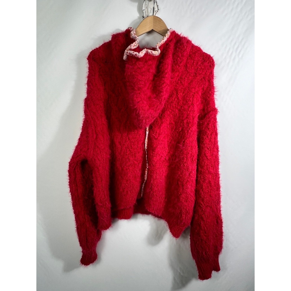 POL Womens Red Eyelash Knit Fuzzy Hoodie Floral Trim Oversized Sweater YST752 M - Picture 10 of 10